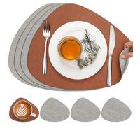 Chitomars Set de Table Rond et Dessous de Verre Double Face Sets de Table | Lot de 4 Set de Table Lavable Plastique Antidérapant en Simili Cuir pour Table (Gris Claro Marrón Rojizo, Juego de 4)