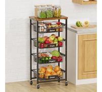CHLORYARD Corbeille à fruits à légumes à 5 niveaux Chariot de rangement à roulettes avec paniers coulissants et dessus en bois pour cuisine, salle à manger, garde-manger