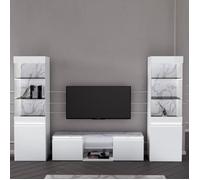 CHRIS WHITE - Ensemble Salon meuble TV Laqué Blanc Brillant et Imitation Marbre
