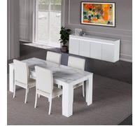 CHRIS WHITE - Séjour Table + Buffet Laqué Blanc Brillant et Imitation Marbre