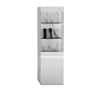 CHRIS WHITE - Vitrine 2 Portes Laquée Blanc Brillant Fond Imitation Marbre avec Led