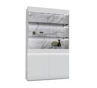 CHRIS WHITE - Vitrine 4 Portes Laquée Blanc Brillant Fond Imitation Marbre avec Led