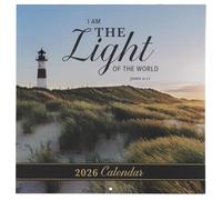 Christian Art Gifts Grand calendrier mural inspirant 2026 de 12 mois pour homme et femme : lumière du monde encourageant la Bible, Écriture mensuelle, motif de phare multicolore panoramique, océan