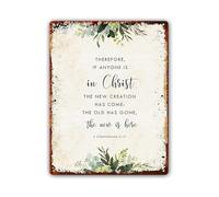 Christian Scripture Sign 2 Corinthians 5 17 Creation on Rustic Metal Tin Plaque Vintage Wall-Art for Home Church 8 X 12 inch