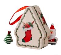 Christmas Tinplate Present Box 10x8cm Cartoon Handle Polygone Design | Cartoon festive pattern red color portable strap geometric shape for holiday decorating and storing small items
