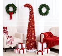 Christmas Tree - Sapin de Noël Rouge Lumineux en Forme de Chapeau de Père Noël avec Pompon Blanc et Flocons - Sapin Noel Artificiel LED Pliable pour Chambre, Bureau, fête