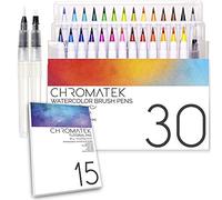 CHROMATEK Lot de 30 stylos pinceaux Aquarelle 15 Pages et tutoriel vidéo en Ligne avec Pointe Pinceau. Couleurs Vives. Lisse. Blendable. Qualité Professionnelle. 27 Couleurs, 3 stylos Aqua