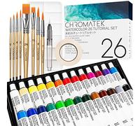 CHROMATEK Watercolor Paint Set - 62 Piece Kit - Video Tutorial Course - For Adults, Beginner & Professional Artists - 26 Tubes (12ml), Sketch Pad, 8 Painting Brushes, Aquapen, Palette, Masking Tape