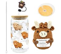 Chsukozic Highland Cow Verre avec couvercle et paille en peluche | Highland Cow Doudou et couvercle à paille, cadeau positif, décoration de bœuf des hautes terres