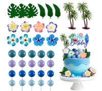 CHUANFU 43 Pièces Decoration Gateau Hawaïenne avec Panneau Happy Birthday, Décorations Gateau de Feuilles de Palmier et Florales, Deco Topper pour Fêtes d'été, Hawaïens, Fêtes au Bord de Piscine
