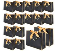 CHUENKUK Sacs Cadeaux Noirs et Dorés - Lot de 16 - Sac Kraft avec Poignée - 32x25x11 cm - Papier Noir avec Nœud Papillon Doré - Pour Mariage, Anniversaire, Noël, Fêtes