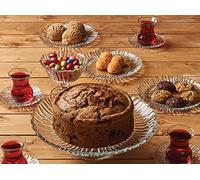 CiCi HOME Aurora Service à thé et à gâteau turc 22 pièces en verre avec verres à thé, assiettes à gâteau, bol à sucre, pince à sucre, plateau à gâteau sur pied et pelle à tarte