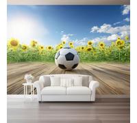 Ciel Bleu Nuages Blancs Fleurs Tournesol Football Papier Peint Panoramique | Photographie Style Papier Peint Murale Intissé, 200 x 140 cm Multicolore pour Salon Chambre Déco