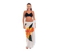 Ciffre Sarong Pareo Jupe enveloppante Serviette de Plage Serviette enveloppante Boucle Gratuite (Blanc Fleur Handbatik C-F3)