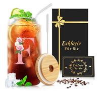 CIGAA Cadeau pour femme - Gobelet avec couvercle et paille, lettres de A à Z - Verre personnalisé pour anniversaire, Noël, gobelet en verre avec brosse de nettoyage pour café, bière, cocktails (500 ml