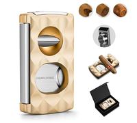 CIGARLOONG Coupe-cigare 4 en 1 acier inoxydable - Guillotine à double lame, coupe-cigare en V, Coupeur De Poinçon, Porte-cigare avec finition à motif diamant, Coffret cadeau inclus (Doré)