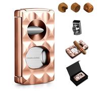 CIGARLOONG Coupe-cigare 4 en 1 acier inoxydable - Guillotine à double lame, coupe-cigare en V, Coupeur De Poinçon, Porte-cigare avec finition à motif diamant, Coffret cadeau inclus (Rose Doré)