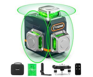 CIGMAN Niveau laser vert 3x360°, laser de chantier à nivellement automatique, distance 30m, 9 hours batterie Li-Ion, avec télécommande, support magnétique, trépied pivotant, sac de transport antichute