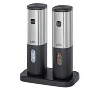 cilio Moulin à poivre et à sel électrique TIVOLI | Set de moulins en acier inoxydable et plastique | Broyeur réglable en céramique | Lumière LED | Station de charge et de rangement | Fonctionne avec