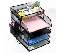 Cinnani Bac à lettres empilable avec porte-stylos en métal, 4 étages, plateau de rangement avec support de dossiers, papier, organiseur de bureau (noir)
