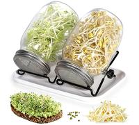 Cinnani Bocal de Germination, 2 x 1000ml Germoir en Verre avec 2 Couvercle à Grille en Acier Inoxydable, 2 Support, 1 Plateau, kit de Bocal à Germes pour Brocoli Luzerne Haricots Verts