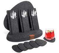 Cinnani Lot de 18 Set de Table en Feutre, 6 Sets de Table + 6 Dessous de Verre + 6 Sacs à Couverts, Lavable, Antidérapant, Imperméable, Résistant à la Chaleur, Ovale Set de Table (Gris Foncé)