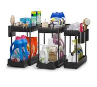 Cinnani Rangement sous Evier Cuisine à 2 Niveaux Lot de 3,Étagère sous Évier Rack avec 12crochet et 3gobelet Suspendu,Coulissant Organiseur sous Évier Etagere Tiroir,Noir
