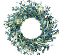 CIR OASES Couronne de printemps bleue avec feuilles vertes - 50,8 cm - Fleurs artificielles blanches pour porte d'entrée, décoration de ferme, intérieur et extérieur, mariage, mur de maison