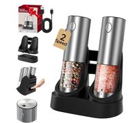 CIRCLE JOY Ensemble de Moulins à Sel et Poivre Électriques Rechargeables avec Socle de Recharge, 2 Vitesses de Mouture Variables, Réglage Externe, Capacité 95ml et Lumière LED Blanche, Argent