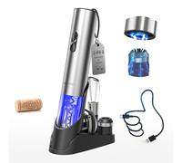CIRCLE JOY Ouvre-bouteille électrique 7 en 1 en acier inoxydable rechargeable avec pompe à vide automatique, coupe-capsule, bec verseur, 2 bouchons sous vide et station de charge