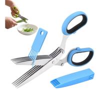 Ciseaux à herbes à 5 couches avec couvercle et peigne, ciseaux de cuisine en acier inoxydable(Blue)