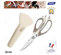 Ciseaux de cuisine multifonction BCSK® - Acier inox 21 cm | Découpe, casse-noix, décapsuleur, herbes | Manche antidérapant - Beige