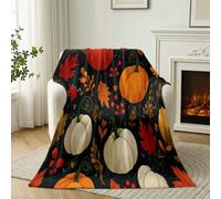 Citrouille Feuille D'Érable Vignes Flanelle Couverture 180 x 200 cm, Pastoral Nature Confortable Réversible Plaid Polaire pour Toutes Les Saisons, Rouge Orange Ultra Douce et Légère Salon Couverture