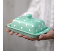 City to Cottage® Beurrier bleu sarcelle et blanc à pois peints à la main en céramique avec couvercle