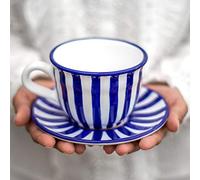 City to Cottage® Bleu marine rayé | Peint à la main | Grande tasse unique en céramique 350 ml | Cappuccino café thé avec soucoupe | Cadeau