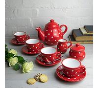 City to Cottage | Service à thé pour quatre | rouge à pois blancs en céramique fait et peint à la main | grande théière 1,7L 4-6 tasses, pot à lait, sucrier, quatre tasses et sous tasses