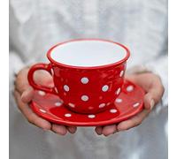 City to Cottage | Tasse et sous tasse à café, à thé | rouge à pois blancs en céramique faite et peinte à la main | Grande 350ml