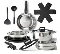 Citybee Lot de 17 casseroles et poêles en acier inoxydable 304 avec 2 poignées amovibles - Empilables et peu encombrantes - Ensemble de casseroles à induction pour petite cuisine et quotidien - Passe