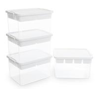 Citylife Lot de 4 Boîte de rangement, 30L Boîte à jouets, Transparent, Couvercle compatible avec des brique, Clips de Fermeture, 5 compartiments, Idéal pour jouets et petits objets