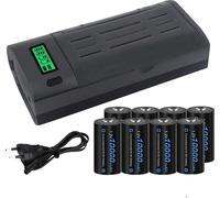 CITYORK Batterie rechargeable de taille D, capacité 10 000 mAh, chargeur intelligent inclus, 8 batteries et 1 chargeur