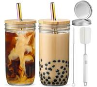 CJWLKJ Lot de 2 gobelets en verre de 710 ml avec couvercles, pailles, 2 couvercles hermétiques, réutilisables pour thé aux perles Boba, café glacé pour boissons longues, eau, cocktail, whisky