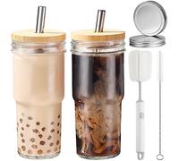 CJWLKJ Lot de 2 gobelets en verre de 710 ml avec couvercles, pailles, 2 couvercles hermétiques, réutilisables pour thé aux perles Boba, café glacé pour boissons longues, eau, cocktail, whisky
