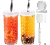 CJWLKJ Lot de 2 tasses en verre avec gobelets, couvercles et pailles & 2 couvercles hermétiques, tasses réutilisables pour thé aux perles Boba, tasse en verre pot Mason à large ouverture avec texture