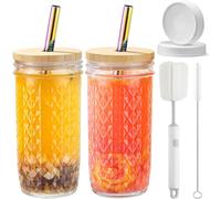 CJWLKJ Lot de 2 verres en verre avec couvercles en bambou et pailles, 710 ml - Bocaux à thé aux perles Boba avec 2 couvercles hermétiques - Tasses pour café glacé - Verres Mason en diamant