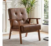 Ckaff Fauteuil Salon avec Accoudoirs, Chaise Coiffeuse en Similicuir avec Coussin Épais, Fauteuil Coiffeuse avec Pieds en Bois Massif, Fauteuil Rembourré pour Salon, Chambre, Bureau, Marron