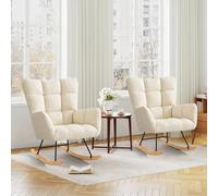 Ckaff Lot de 2 Fauteuil à Bascule, Rocking Chair, Fauteuil Allaitement, Chaise à Bascule Scandinave en Matériau Sherpa avec Pieds en Bois pour Chambre d' Enfant Salon Balcon, Blanc Ivoire