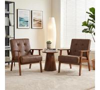 Ckaff Lot de 2 Fauteuil Salon avec Accoudoirs, Chaise Coiffeuse en Similicuir avec Coussin Épais, Fauteuil Coiffeuse avec Pieds en Bois Massif, Fauteuil Rembourré pour Salon, Chambre, Bureau, Marron
