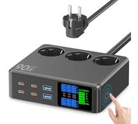 CKCN Multiprise avec USB C 6 Ports(90W) Prise Multiple 2500W avec Écran LED | Bureau Multiprise Rallonge Electrique Bloc Triple Prise USB Station de Charge PD Rapide Parafoudre Surtension, Noir