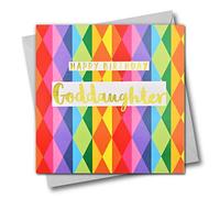 Claire Giles Greeting Cards, Carte d'anniversaire pour filleule - Motif diamants colorés - Texte doré brillant