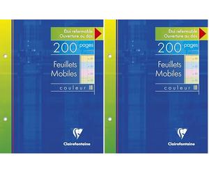 Clairefontaine, 1 Etui de 200 Feuilles mobiles 4 couleurs, perforées à grand carreaux, format : 17x22cm (Lot de 2)